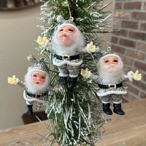 Vintage Silver Glitter Santa Ornaments